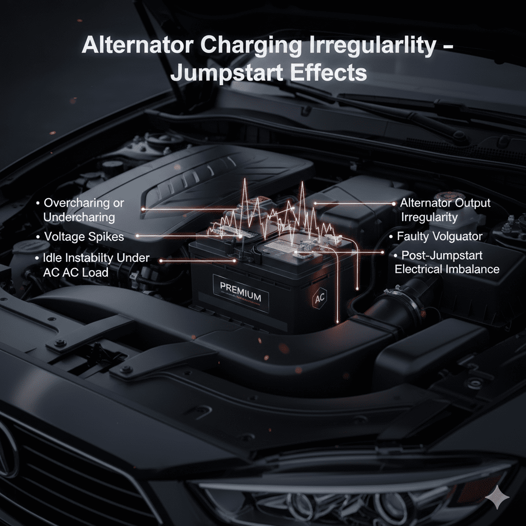Infographic showing car battery and engine with animated voltage spikes and AC load effects, highlighting alternator charging irregularity after jumpstart.