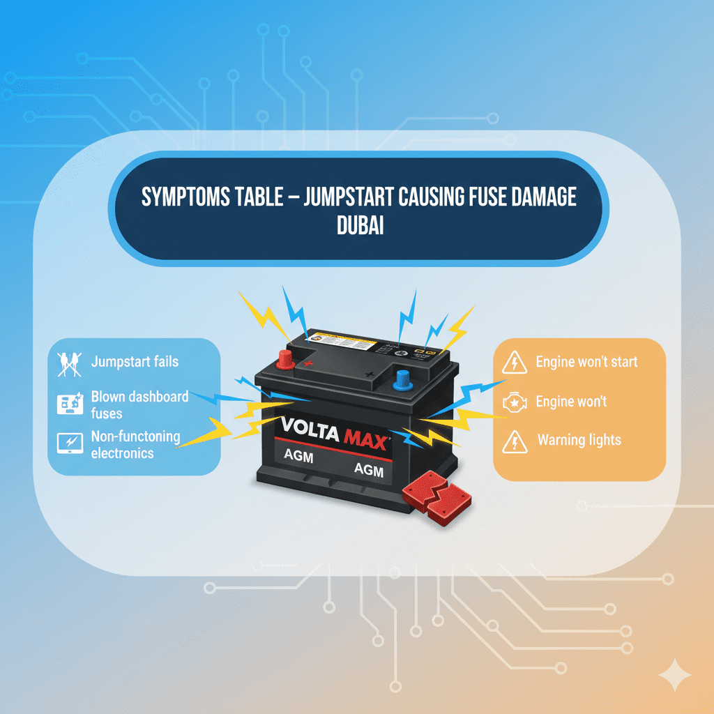 “Animated user guide infographic showing a central premium car battery with glowing sparks, dynamic title at top, and key symptoms on sides including jumpstart fails, blown dashboard fuses, non-functioning electronics, engine won’t start, and warning lights.”