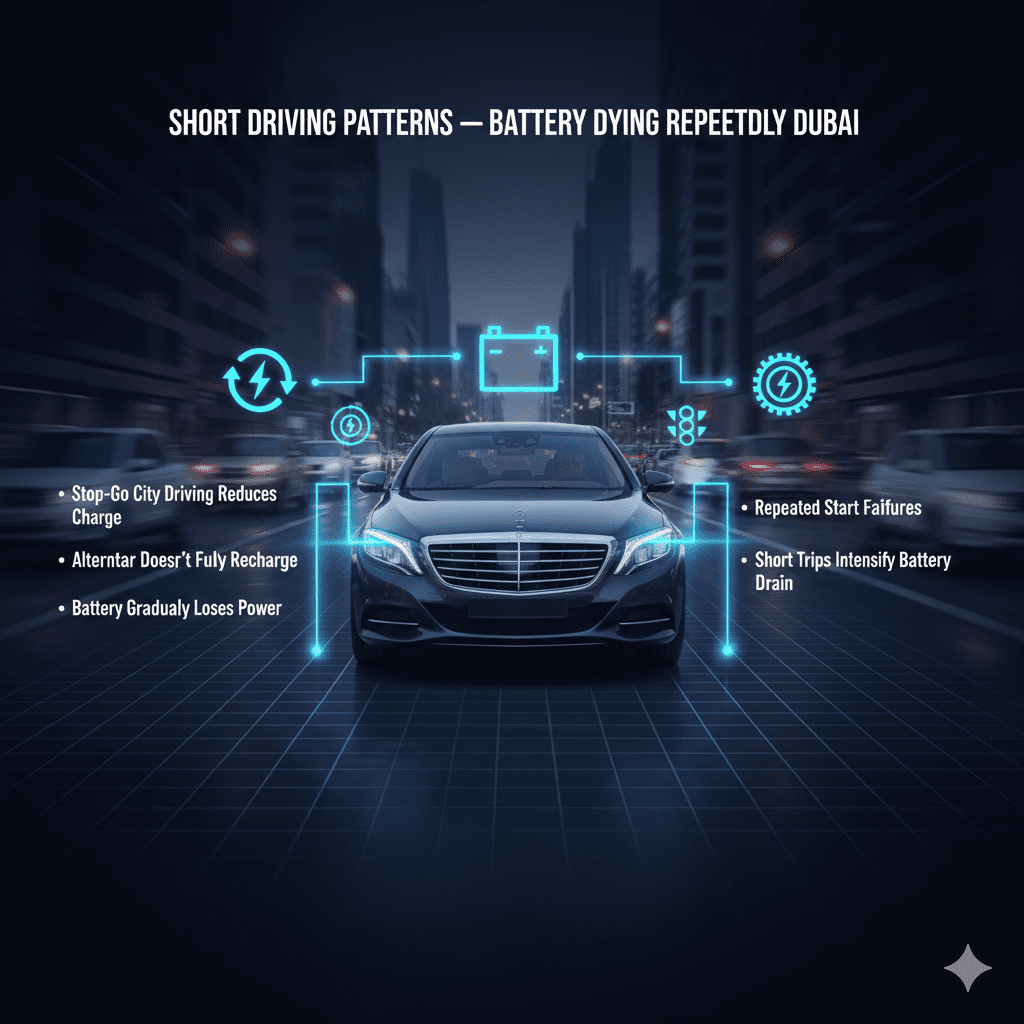 Dubai car battery infographic showing short driving patterns and alternator recharge issues