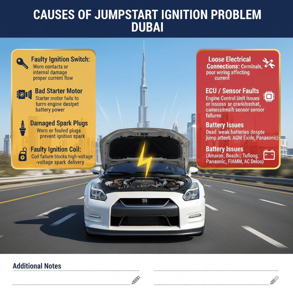 Causes of Jumpstart Ignition Problem Dubai Animated-style user guide infographic showing a premium car with engine hood open in Dubai cityscape, title 'Causes of Jumpstart Ignition Problem Dubai' at the top, with empty spaces on sides for bullet points listing key causes including faulty ignition switch, bad starter motor, damaged spark plugs, faulty ignition coil, loose electrical connections, ECU/sensor faults, and battery issues.