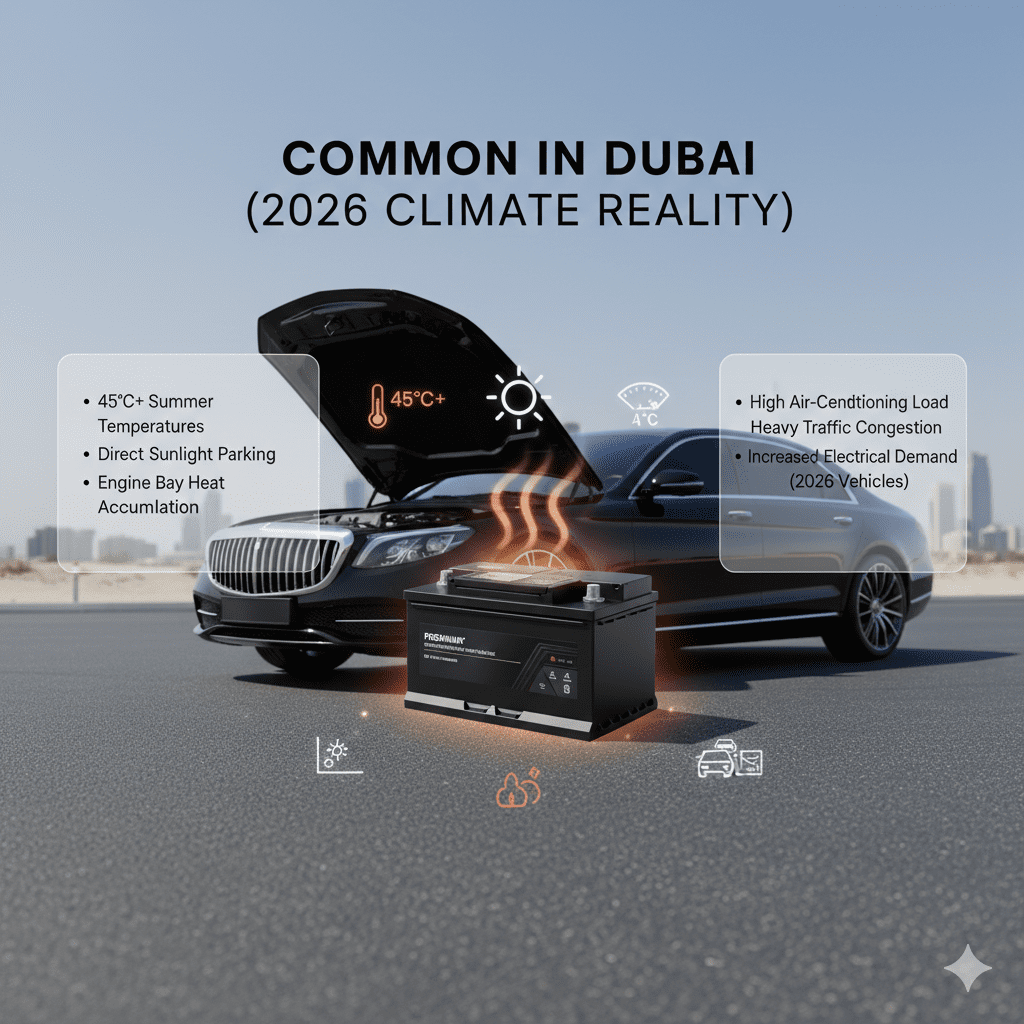 Dubai 2026 climate battery overheating risk infographic showing 45°C summer heat, sunlight exposure, AC load, traffic congestion and engine bay heat impact on car battery.