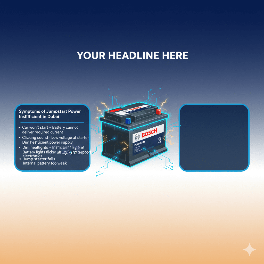 “User guide infographic showing a central car battery with animated sparks and glow, dynamic title at top, and key symptom points on sides including car won’t start, clicking sound, dim headlights, gauge lights flicker, and jump starter fails.”