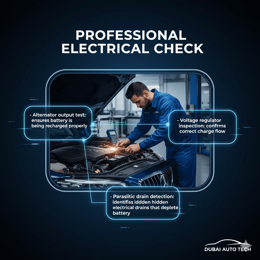 Infographic showing professional electrical check for car batteries in Dubai including alternator, voltage regulator, and parasitic drain