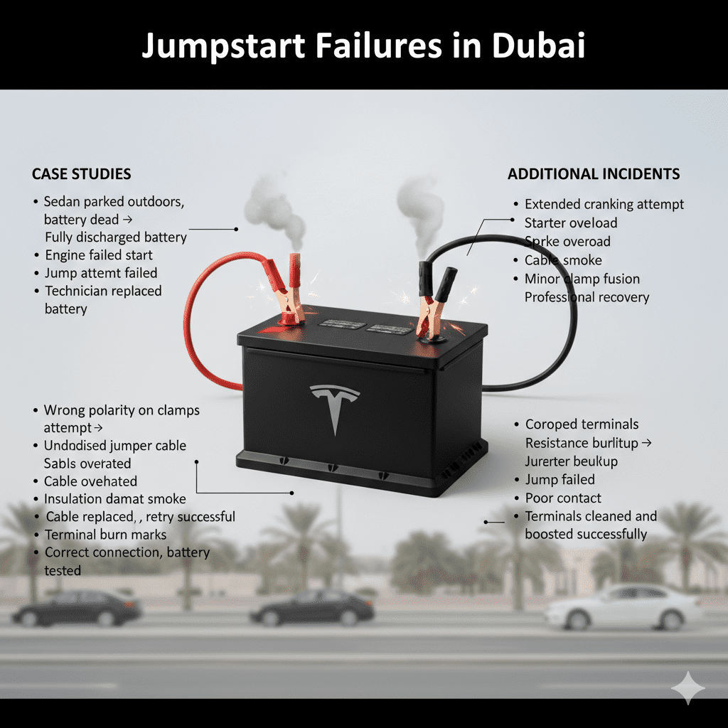 "Jumpstart Failures in Dubai case study guide with premium battery in center, key scenarios and outcomes displayed as animated bullet points on sides, glowing jumper cables showing electrical stress."