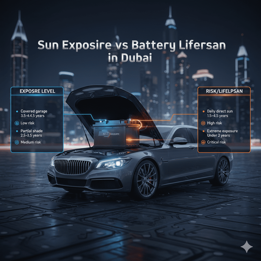 "Infographic showing a luxury car with a glowing battery at the center and side panels displaying a table of parking conditions, estimated battery lifespan, and failure risk in Dubai."