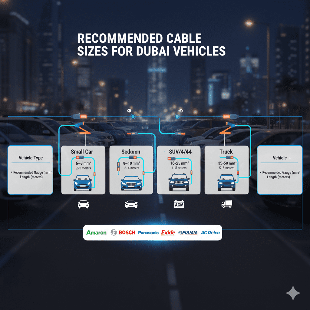 Feature image titled 'Recommended Cable Sizes for Dubai Vehicles' showing a 3D animated chart of small car, sedan, SUV/4x4, and truck with jumpstart cables labeled with recommended gauges (6–8 mm², 8–10 mm², 16–25 mm², 35–50 mm²) and lengths, empty side panels for points, and animated battery brand logos (Amaron, Bosch, Tuflong, AGM, Exide, Panasonic, FIAMM, AC Delco) on a blurred Dubai cityscape background.