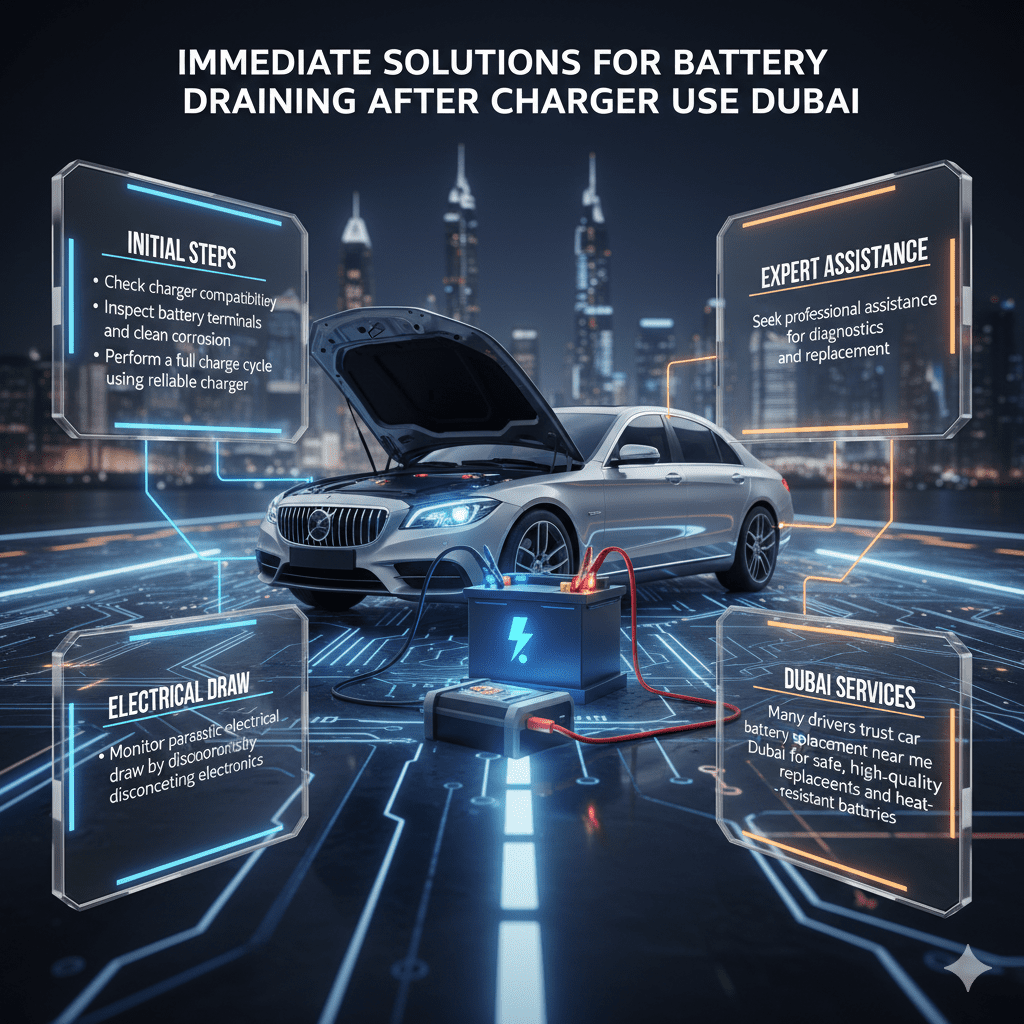 "Infographic showing a luxury car with a glowing battery and charger at the center, with side panels listing step-by-step immediate solutions for battery draining after charger use in Dubai."