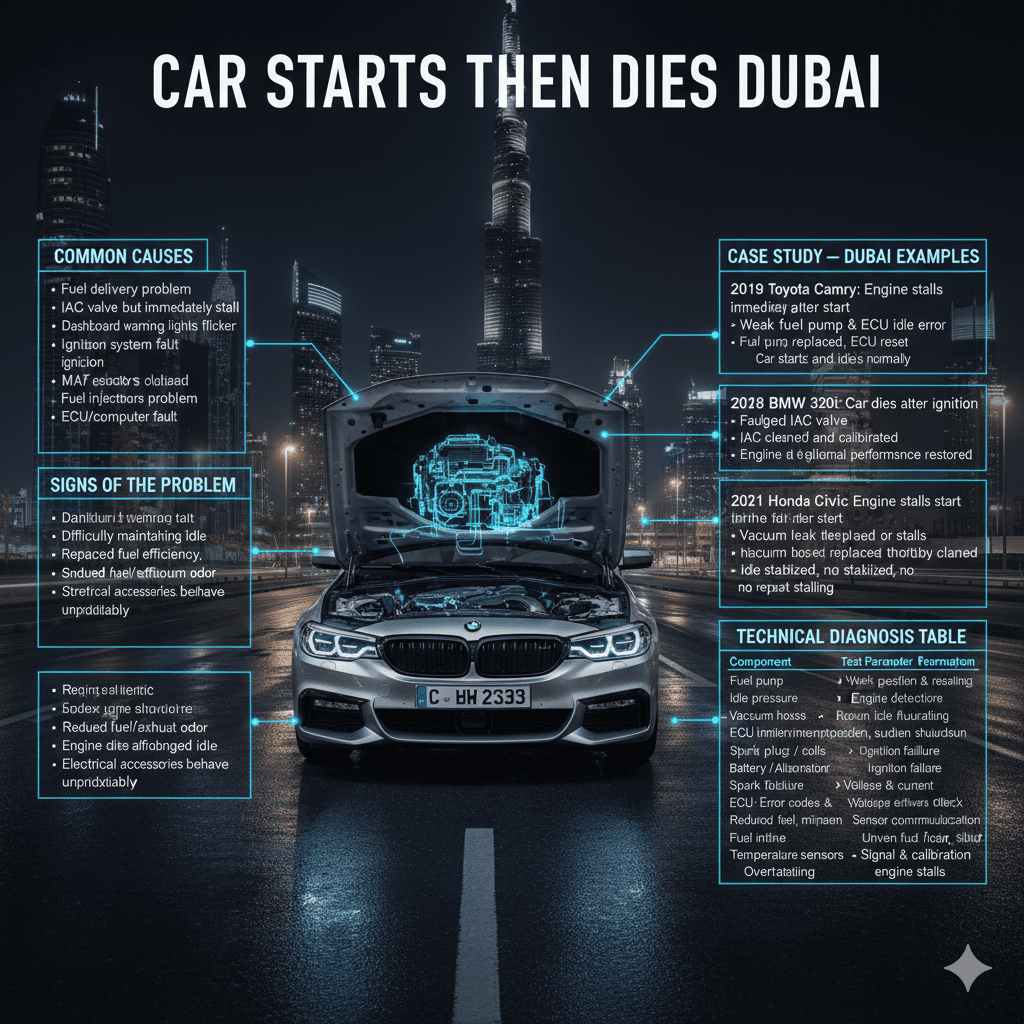 "Infographic showing causes, signs, Dubai case studies, and technical diagnosis for 'Car Starts Then Dies Dubai', with central luxury car and side bullet points for each section."