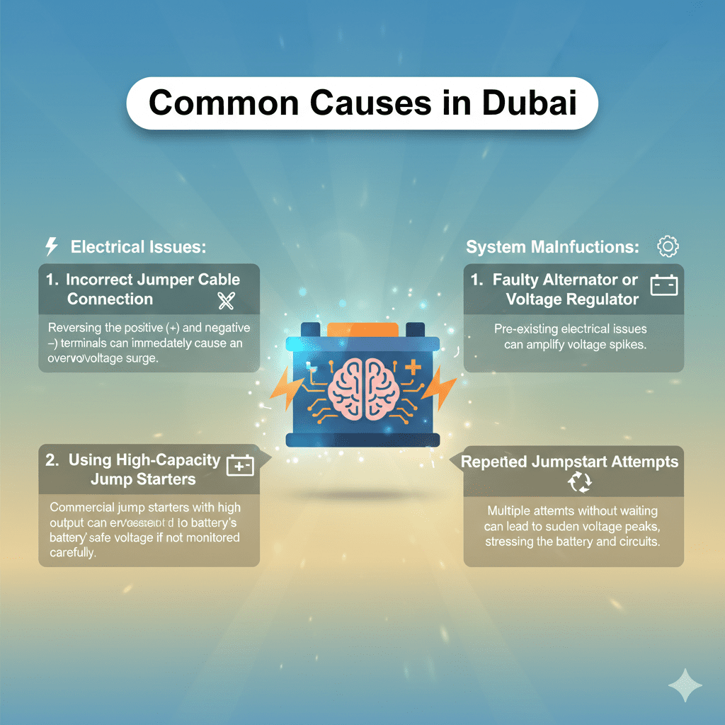 “Animated user guide illustration showing the title ‘Common Causes in Dubai’ at the top, key jumpstart overvoltage causes as bullet points on the sides, and a glowing automotive brand illustration in the center.”
