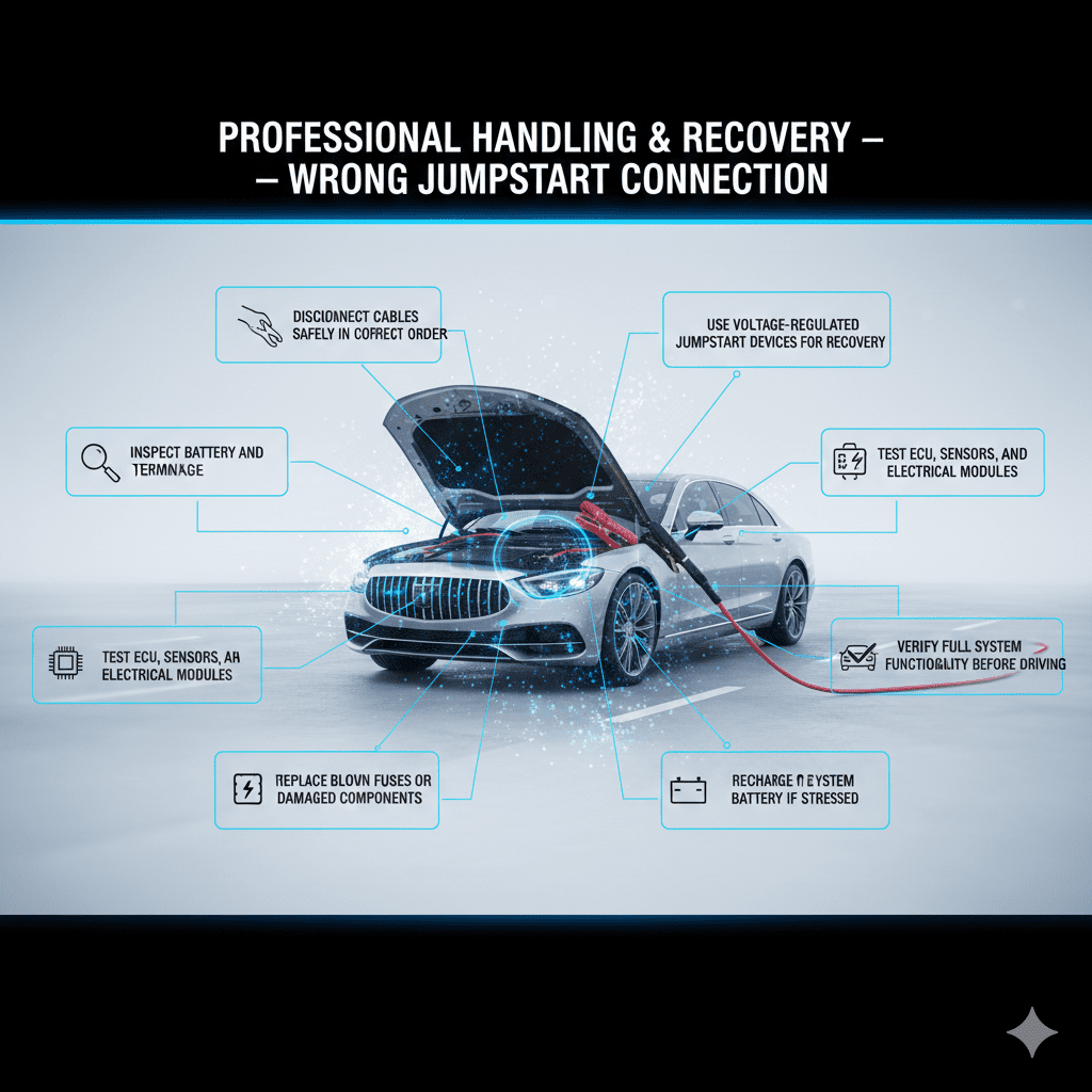 Infographic showing professional corrective steps for wrong jumpstart connection, with central luxury vehicle and animated bullet points illustrating safe battery recovery procedures.