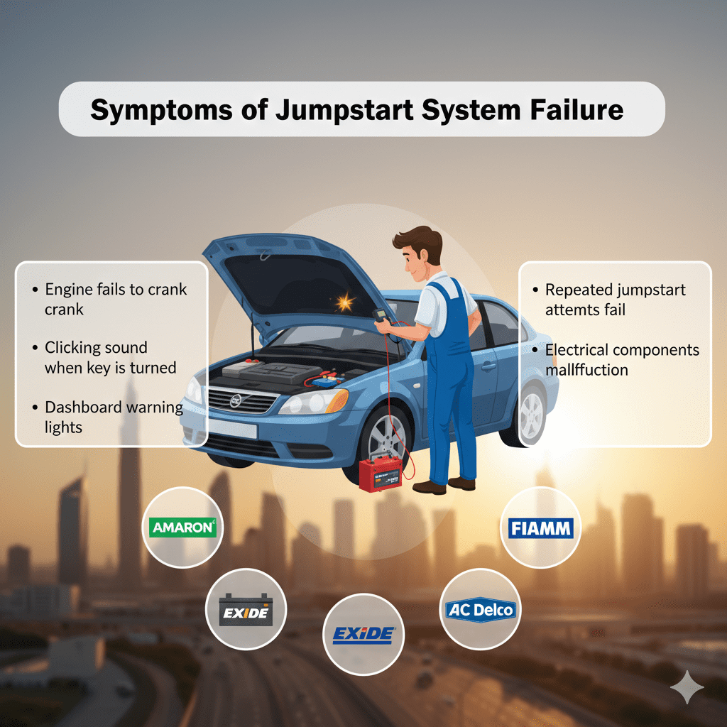"Animated-style user guide image showing symptoms of jumpstart system failure, with a technician checking a car battery and electrical system, bullet points on sides listing Engine fails to crank, Clicking sound, Dashboard warning lights, Repeated jumpstart attempts fail, Electrical components malfunction, with logos of Amaron, Bosch, AGM, Exide, Panasonic, FIAMM, AC Delco, Dubai skyline in background."