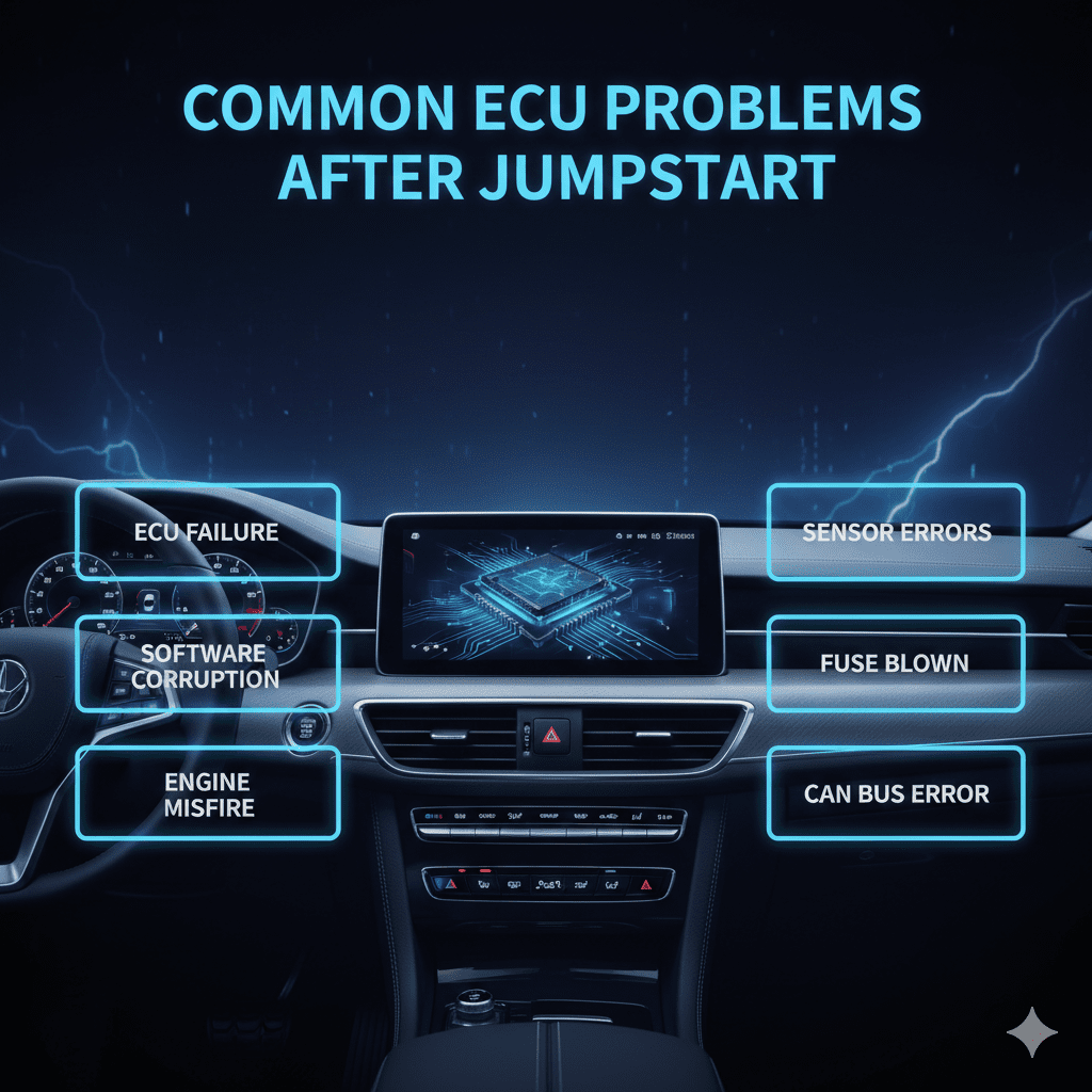 Common ECU problems after jumpstart illustrated with modern car dashboard and highlighted electronic faults