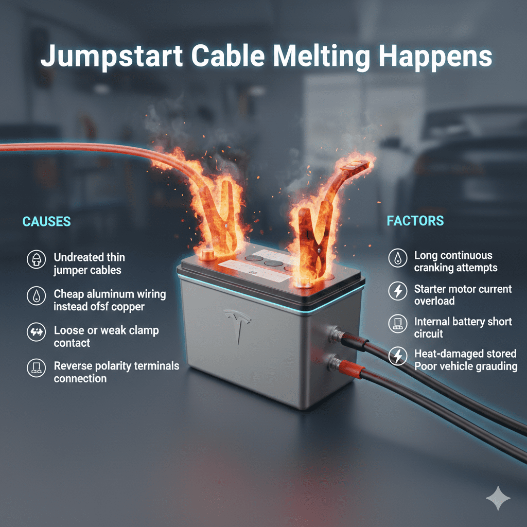 "Jumpstart Cable Melting user guide illustration with premium car battery in the center, key causes displayed on sides as animated bullet points, glowing jumper cables showing overheating."