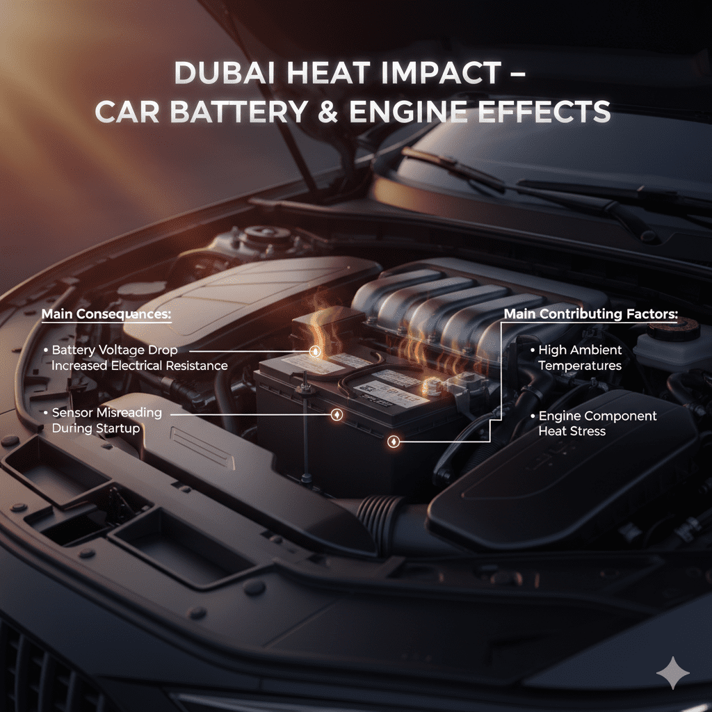 Infographic showing car battery and engine in Dubai heat with animated effects indicating voltage drop, increased resistance, and sensor misreading.