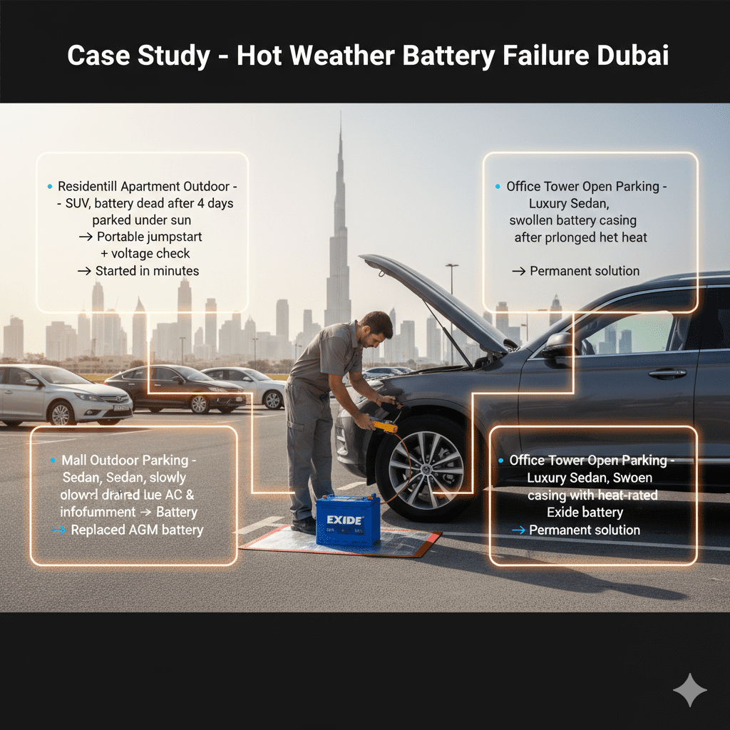 Dubai outdoor parking with SUV, sedan, and luxury sedan; professional technician performing battery service; infographic-style bullet points show case studies including dead battery, drained battery, and heat-damaged battery with solutions and results.