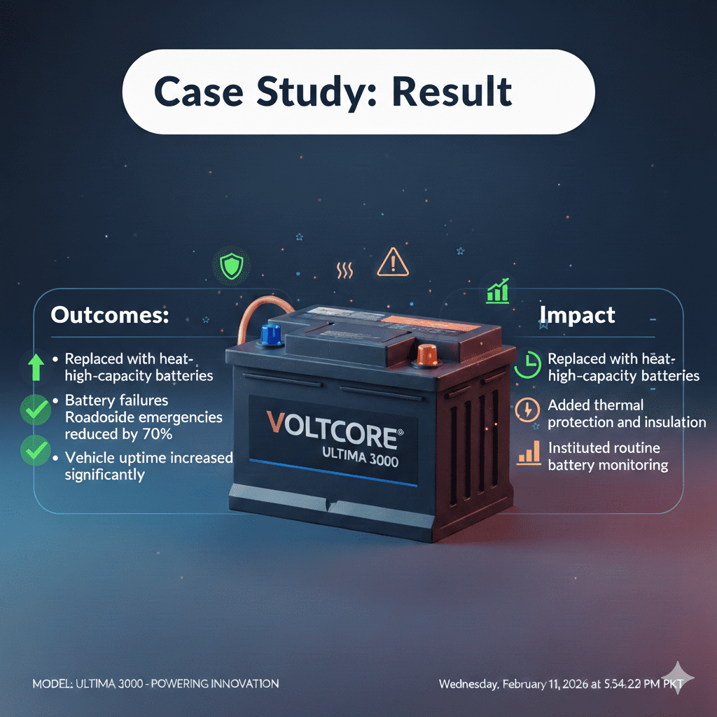 “Professional user guide illustration showing the results of a roadside battery emergency case study in Dubai, with title at the top, key results on sides, and an animated branded battery in the center.”
