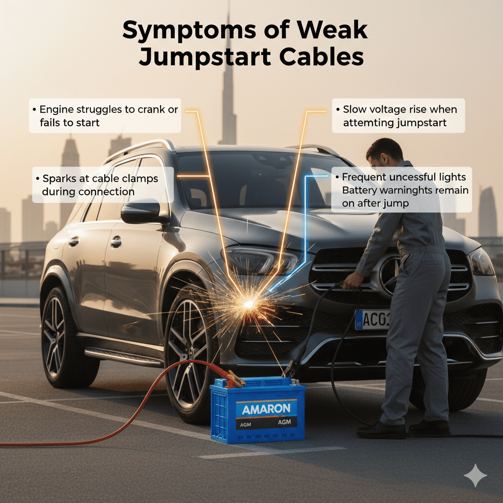 Luxury car in Dubai with technician attempting jumpstart; weak jump cables show sparks; infographic-style bullet points on sides display engine struggles, sparks, slow voltage rise, frequent jump failures, and battery warning lights.
