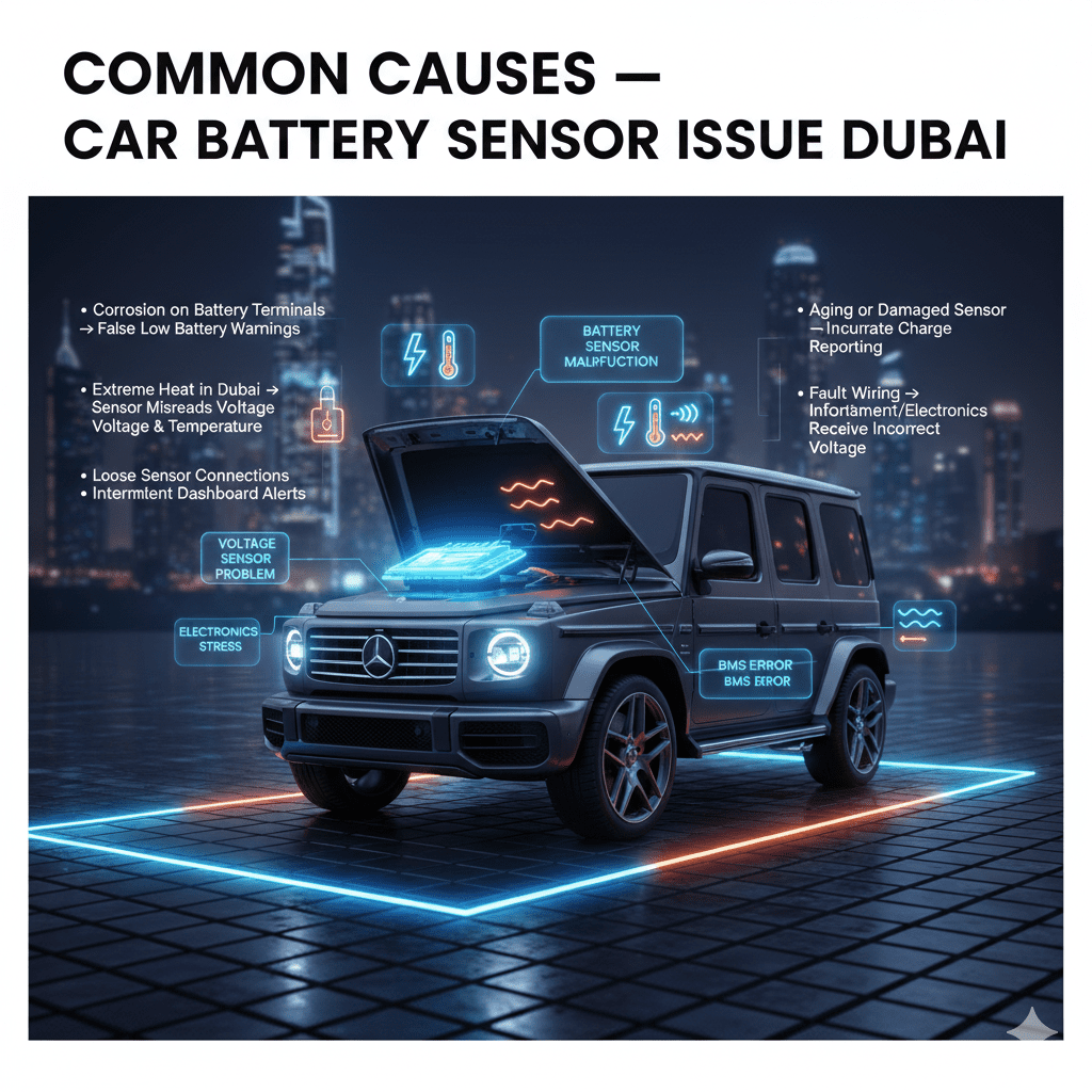 Dubai car battery infographic showing common causes of sensor issues including corrosion, heat, loose connections, aging sensors, and faulty wiring affecting electronics