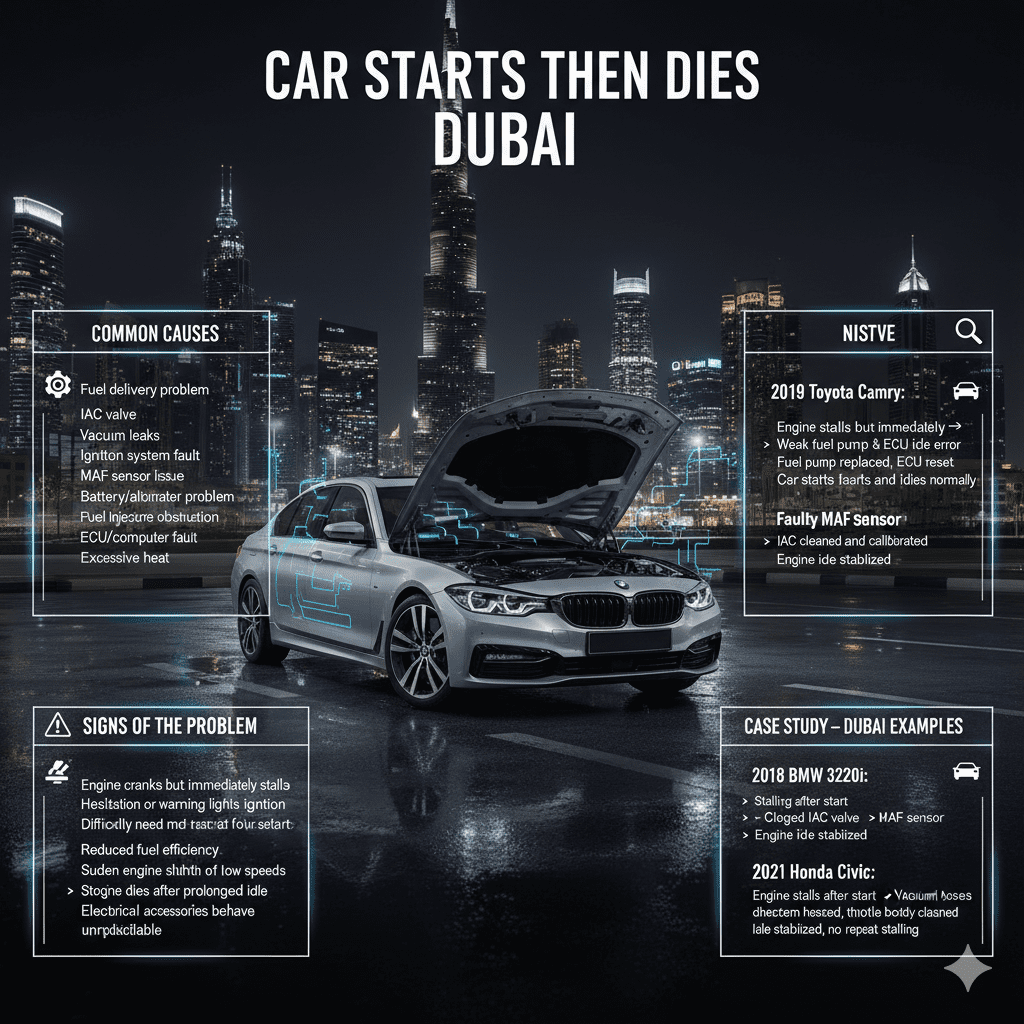 "Infographic showing common causes, warning signs, and Dubai case studies for 'Car Starts Then Dies Dubai', with a luxury car in the center and bullet points on sides."