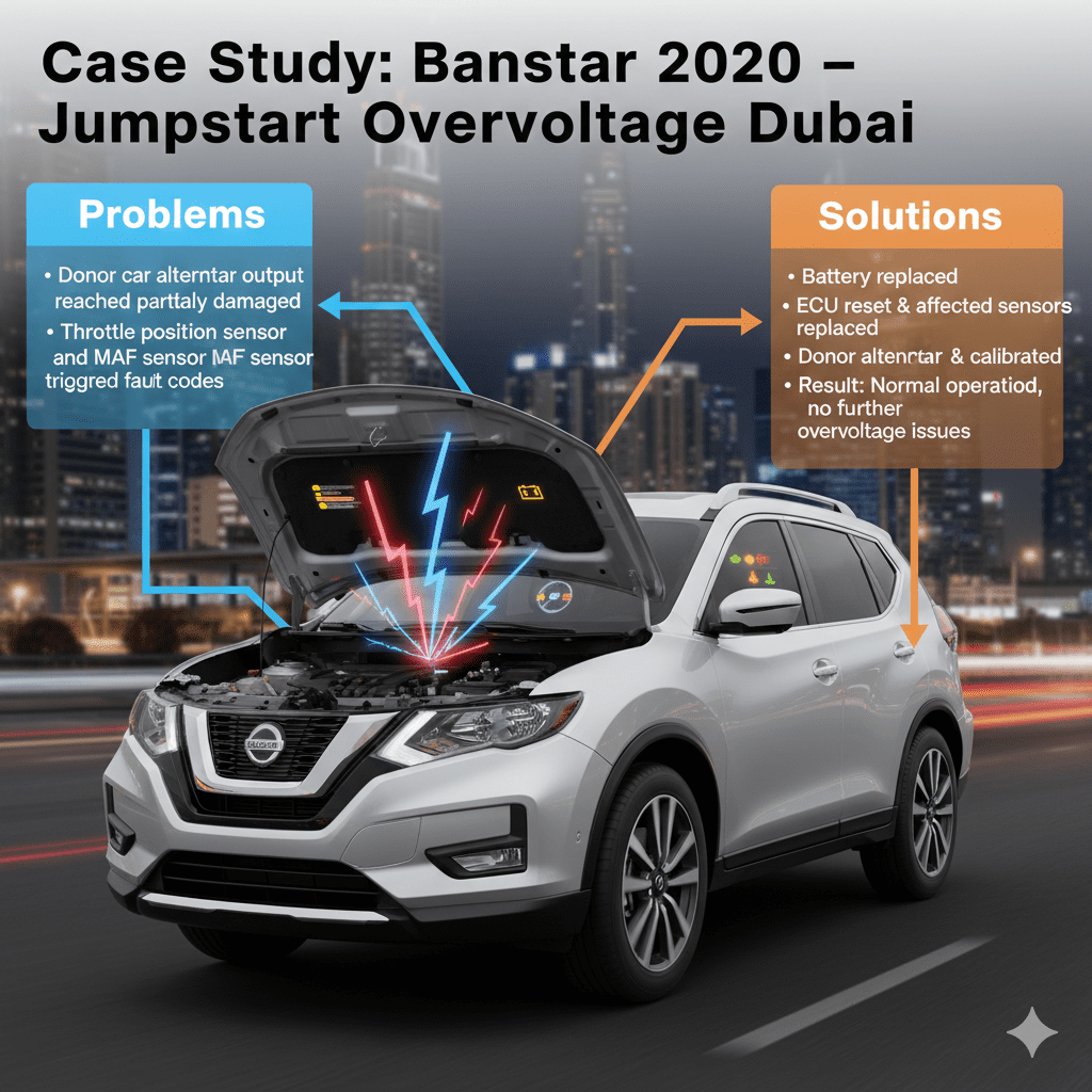 "Case Study: Nissan X-Trail 2020 – Jumpstart Overvoltage Dubai" "Animated infographic showing Nissan X-Trail 2020 case study of jumpstart overvoltage in Dubai, central car with glowing battery and dashboard, key findings, solutions, and results on sides."