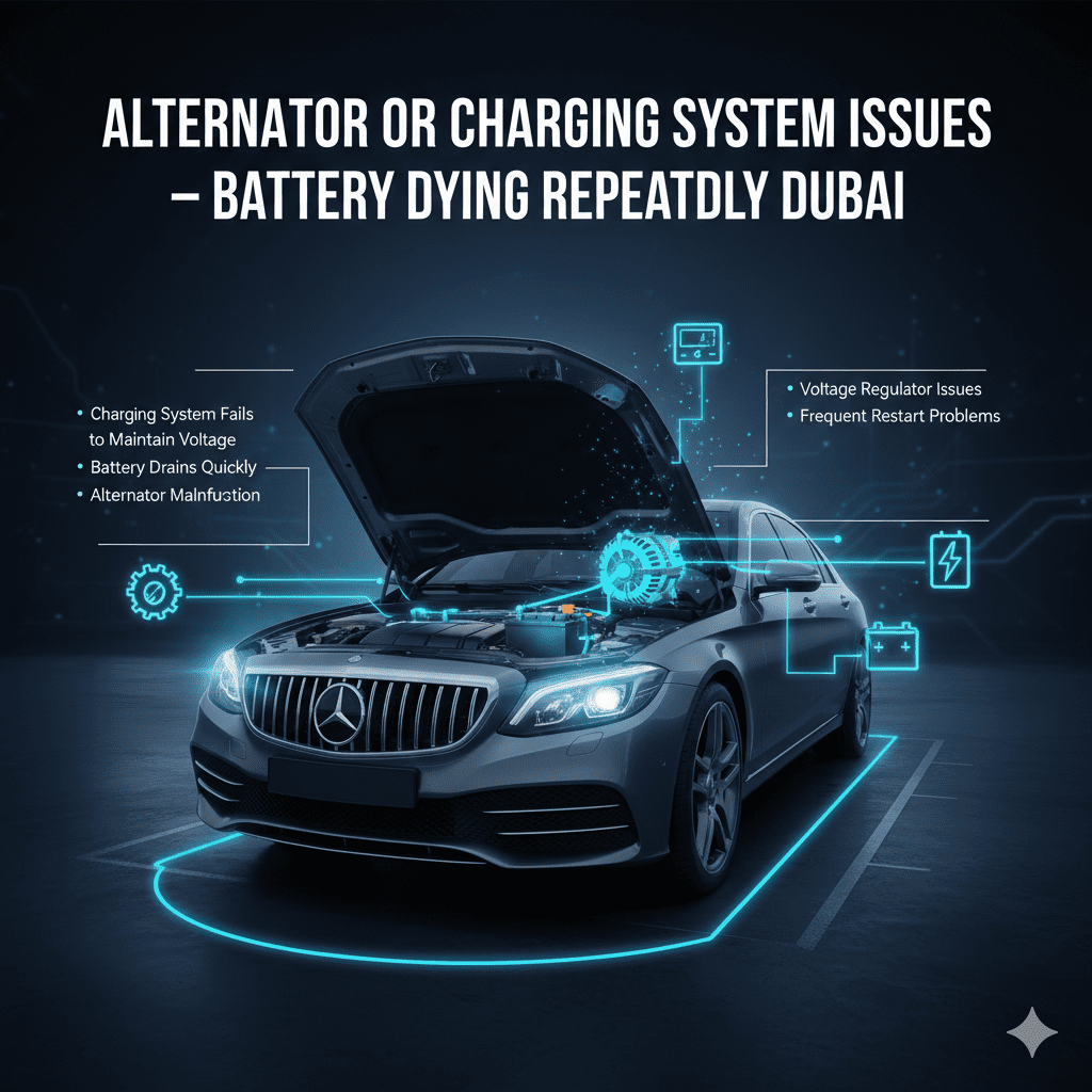 Dubai car battery infographic showing alternator and charging system issues causing repeated failures