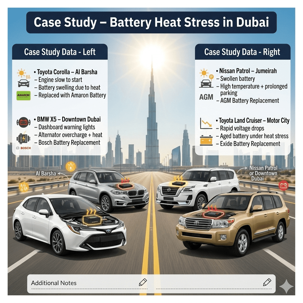 Case Study โ Battery Heat Stress in Dubai Animated-style user guide infographic showing multiple premium cars with engine hoods open in Dubai cityscape, title 'Case Study โ Battery Heat Stress in Dubai' at the top, with empty spaces on sides for bullet points listing vehicles, areas, problems, root causes, and solutions including Amaron, Bosch, AGM, and Exide battery replacements.