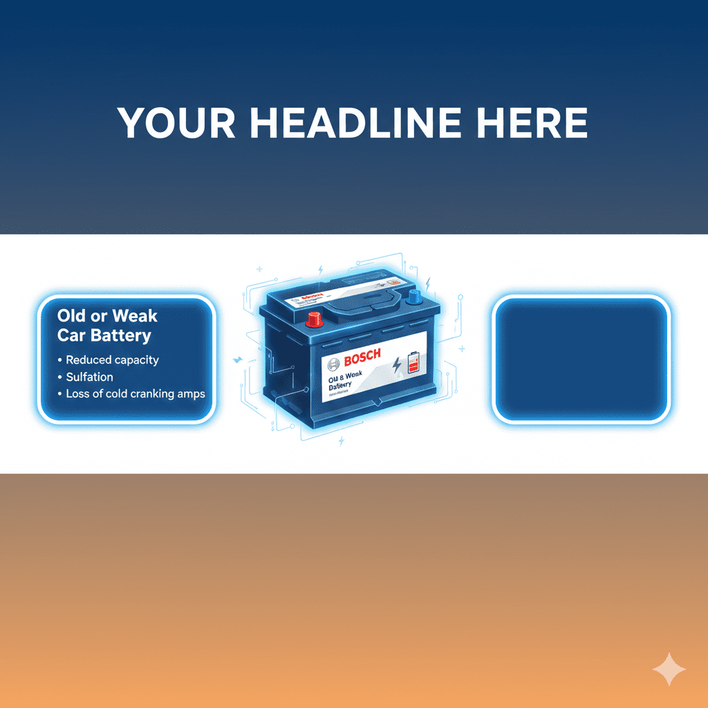 “User guide infographic showing an old or weak car battery with animated sparks, dynamic title at the top, and key points on sides including reduced capacity, sulfation, and loss of cold cranking amps.”