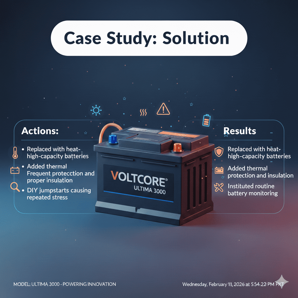 “Professional user guide illustration showing solutions implemented in a roadside battery emergency case study in Dubai, with title at the top, key solution points on sides, and an animated branded battery in the center.”