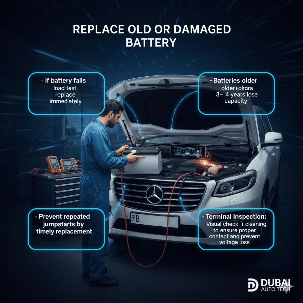 Infographic showing replacement of old or damaged car battery in Dubai to prevent fast battery drain
