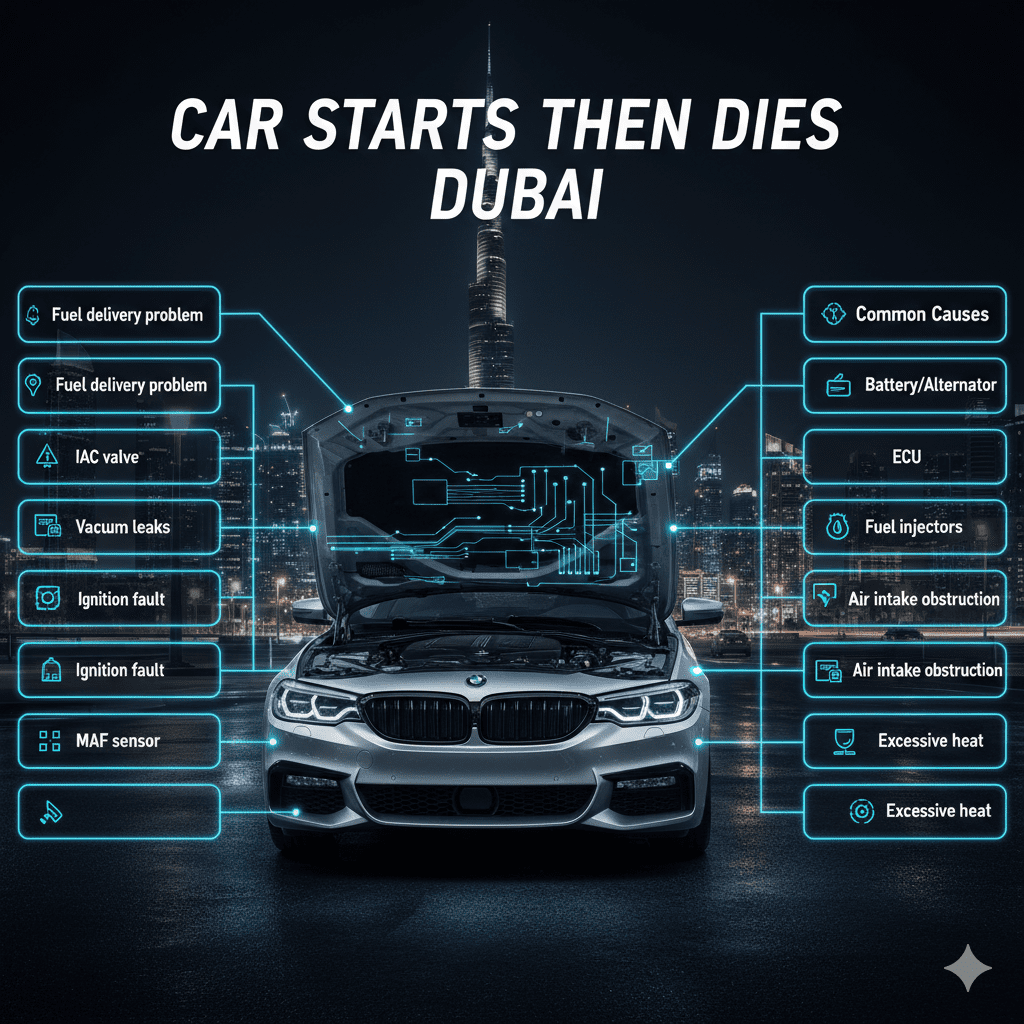 "Infographic showing common causes for 'Car Starts Then Dies Dubai' with luxury car in center and bullet points on both sides for fuel, ignition, battery, ECU, and sensor issues."