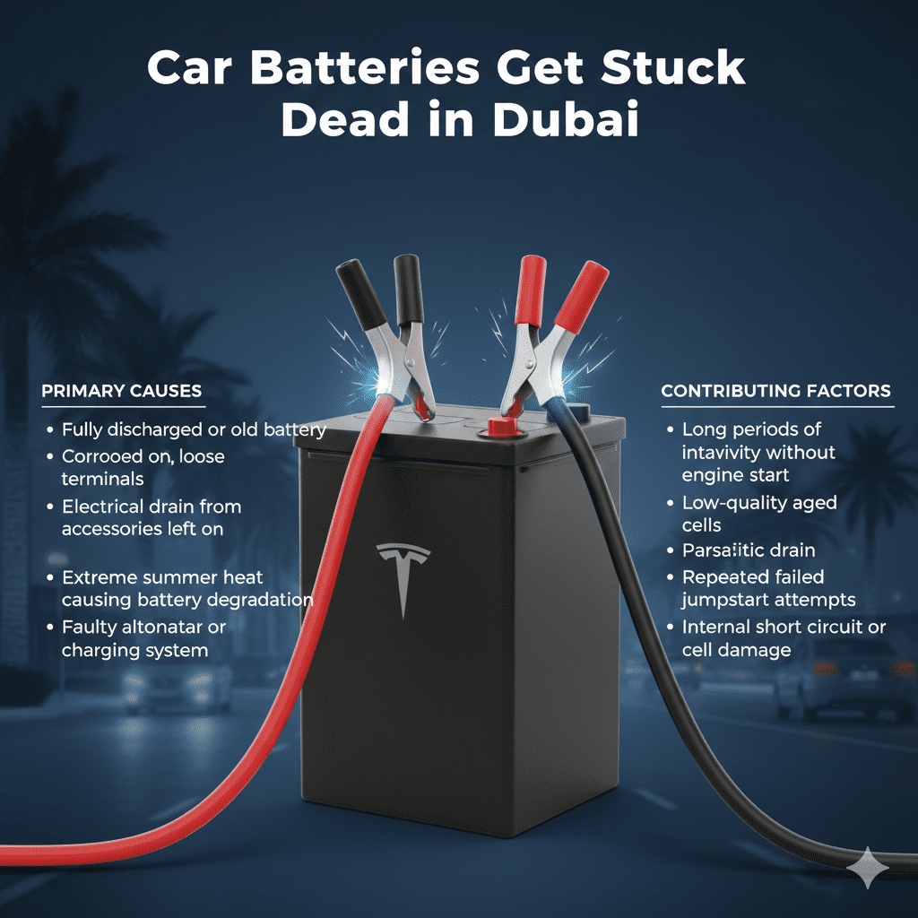 "Car Batteries Get Stuck Dead in Dubai guide with premium battery in center, key causes displayed as animated bullet points on sides, glowing jumper cables indicating electrical stress."