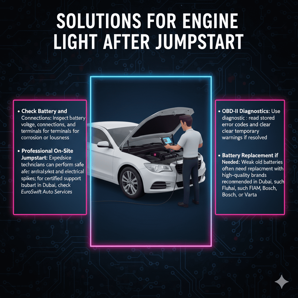 Animated-style user guide image showing the title "Solutions for Engine Light After Jumpstart" at the top, a central animated car being serviced, and key solutions displayed neatly on both sides.