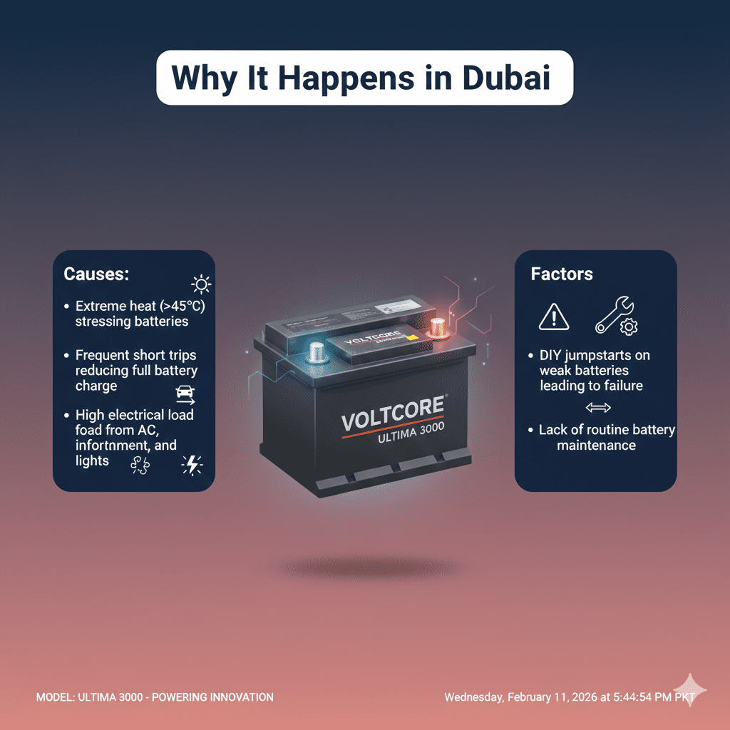 “Professional user guide illustration showing why roadside battery emergencies happen in Dubai, with title at the top, key causes on sides, and an animated branded battery in the center.”