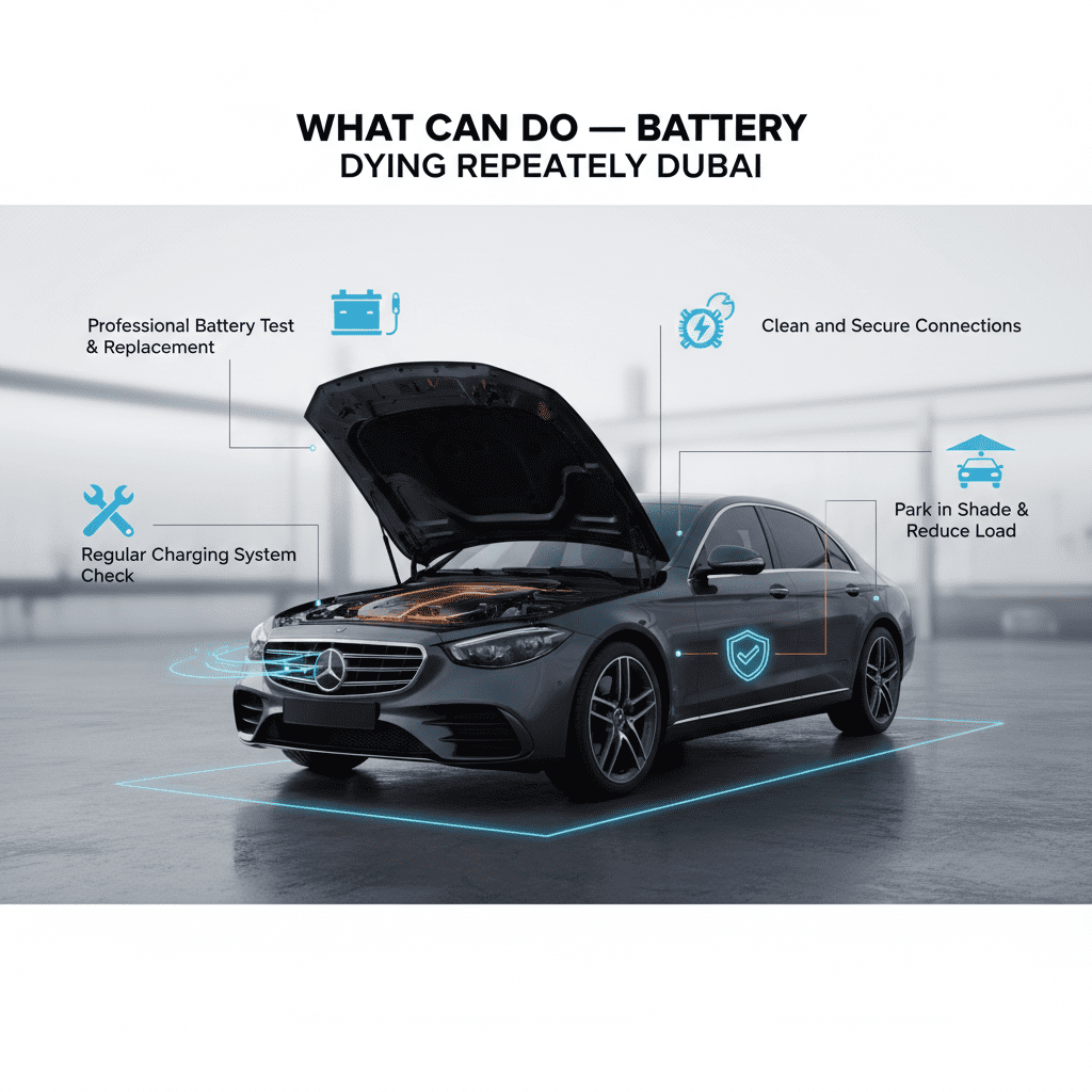 Dubai car battery infographic showing professional testing, alternator check, secure connections, and shade parking to prevent repeated failures