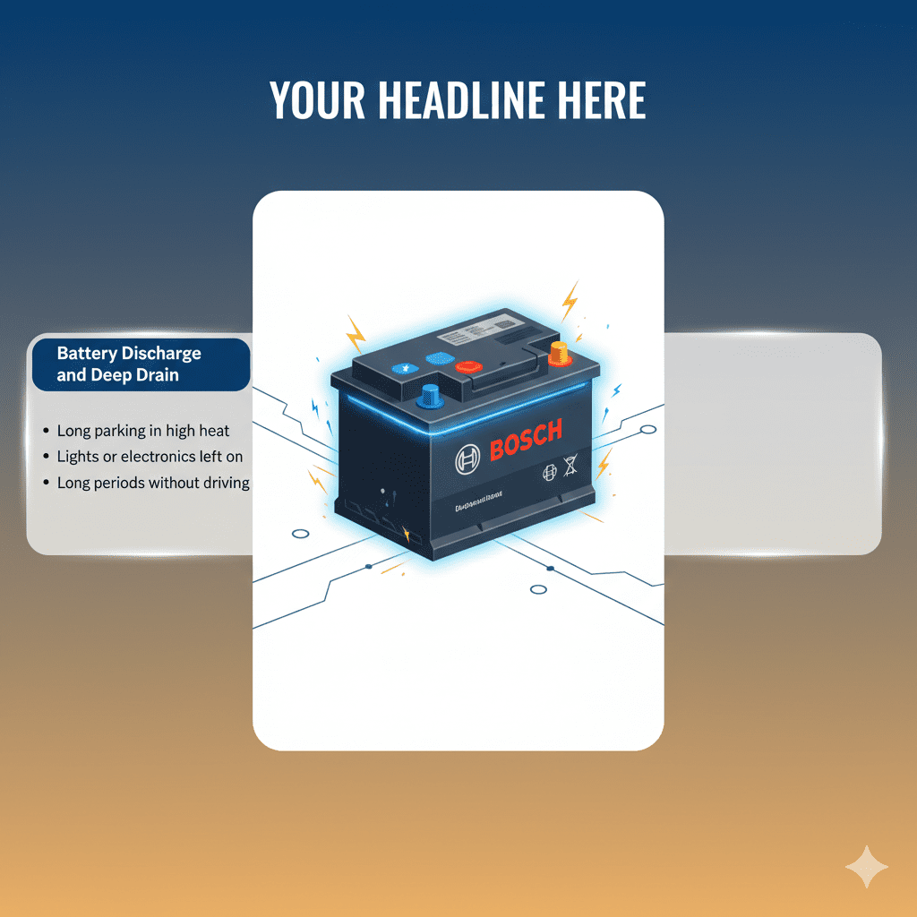 “User guide infographic showing a central car battery with animated electrical effects, placeholder title at top, and key points on sides such as battery discharge, long parking, electronics left on, and periods without driving.”