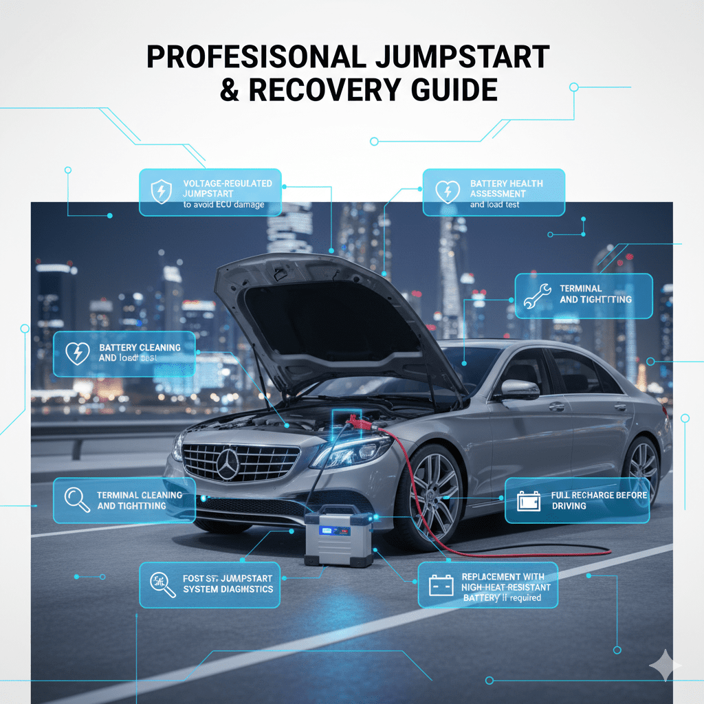 Infographic showing professional jumpstart and recovery procedures for a car, with central vehicle and animated points illustrating safe battery restoration steps.