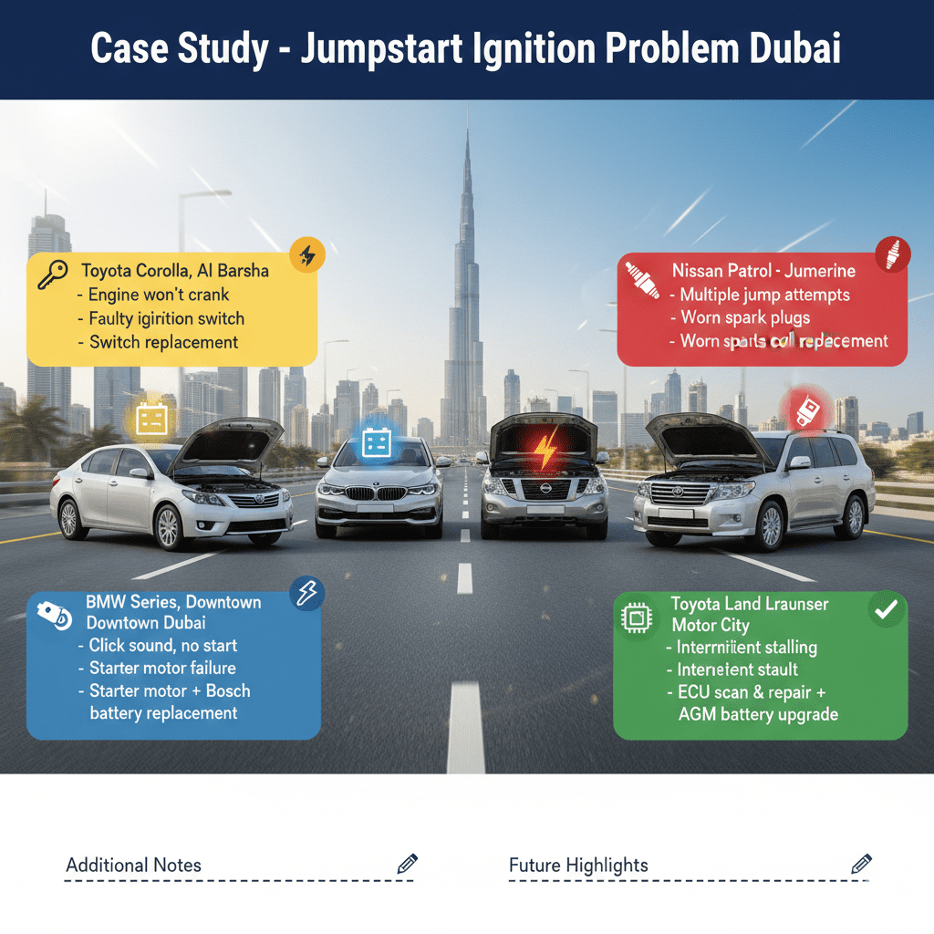 Case Study β Jumpstart Ignition Problem Dubai Animated-style user guide infographic showing a premium car with engine hood open in Dubai cityscape, title 'Case Study β Jumpstart Ignition Problem Dubai' at the top, with empty spaces on sides for key case study points for vehicles including Toyota Corolla, BMW 5 Series, Nissan Patrol, and Toyota Land Cruiser with symptoms, root causes, and solutions.