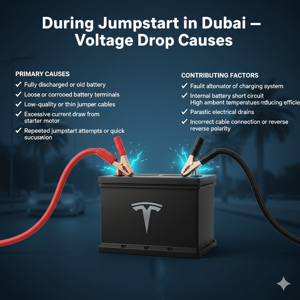 "During Jumpstart in Dubai guide showing causes of voltage drop with premium battery in center, key causes displayed as animated bullet points on sides, glowing jumper cables indicating electrical stress."