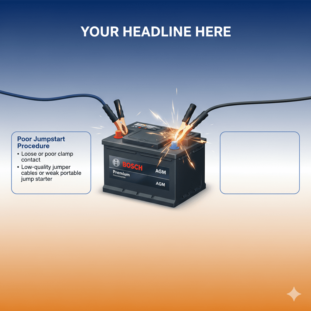 “Animated user guide infographic showing a central premium car battery with glowing sparks, dynamic title at top, and key points on sides including loose clamp contact and low-quality jumper cables.”