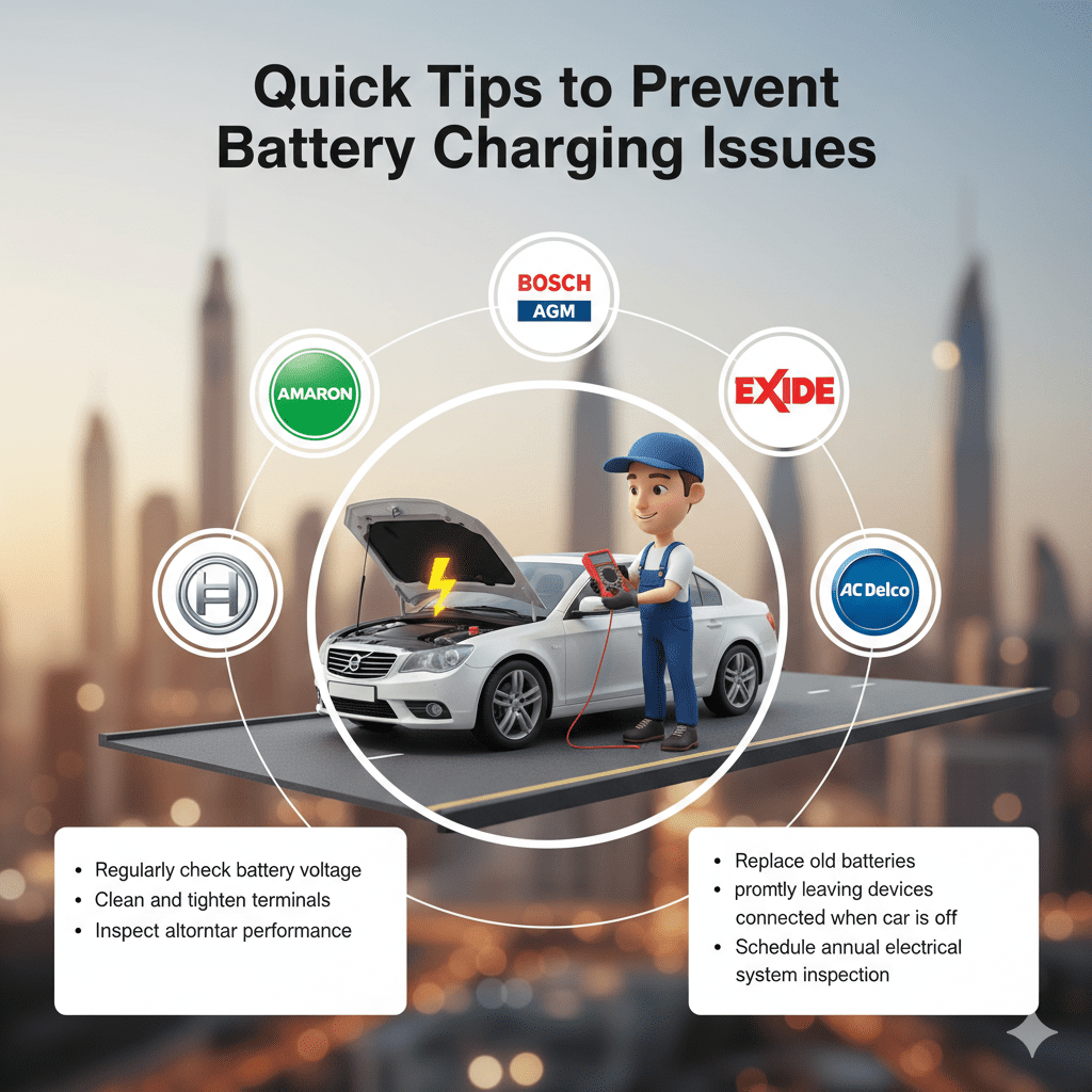 "Animated-style user guide image showing quick tips to prevent battery charging issues, with a technician inspecting a car battery and alternator. Bullet points on sides include Regularly check battery voltage, Clean and tighten terminals, Inspect alternator performance, Replace old batteries promptly, Avoid leaving devices connected when car is off, Schedule annual electrical system inspection. Logos of Amaron, Bosch, AGM, Exide, Panasonic, FIAMM, AC Delco surround the car, Dubai skyline in background."