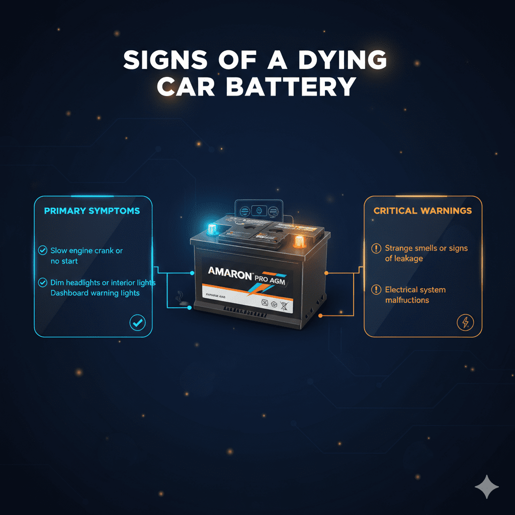 “Symptoms of a Battery Failing Suddenly – Dubai Guide” “Animated user guide image showing a top title, central car battery image, and bullet-pointed symptoms of a battery failing suddenly on both sides.”