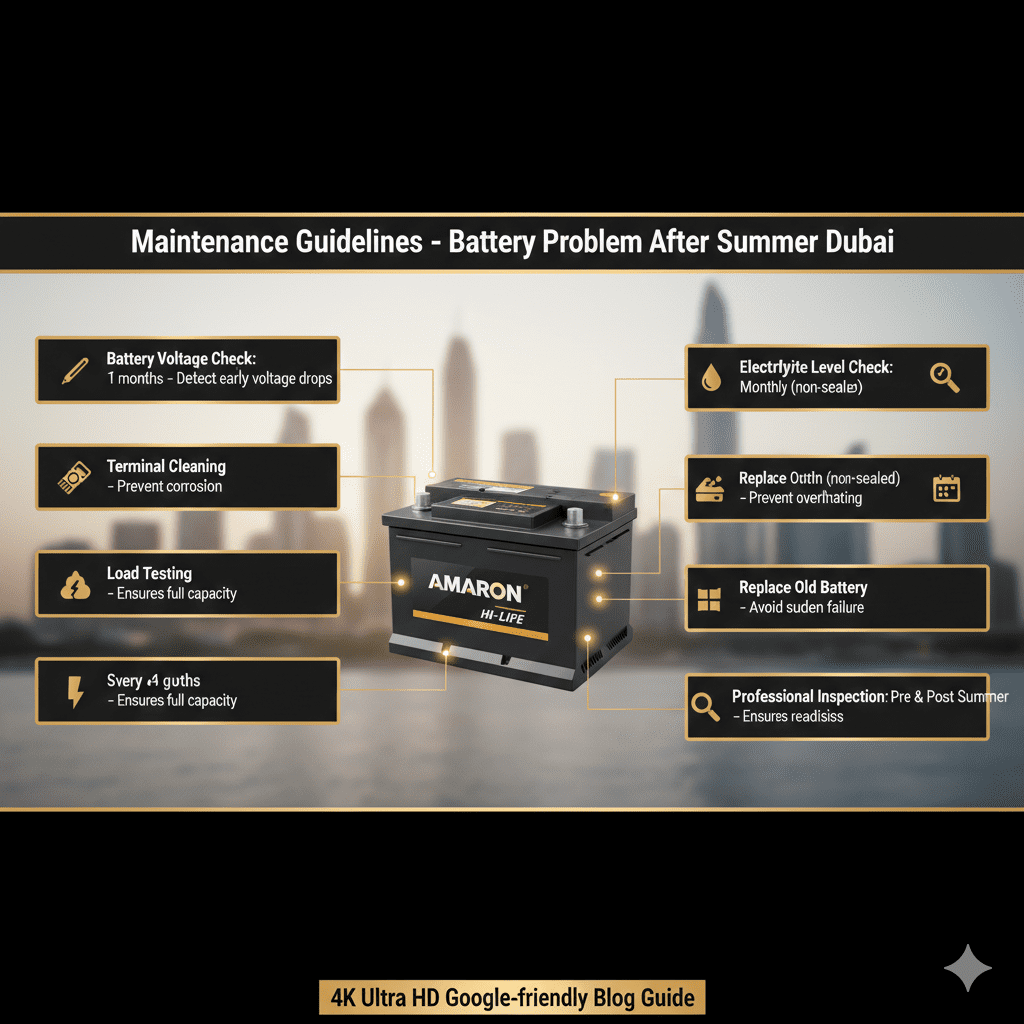 "User guide infographic showing maintenance guidelines for battery problems after Dubai summer with branded car battery, including voltage check, terminal cleaning, load testing, electrolyte level check, battery replacement, and professional inspection."