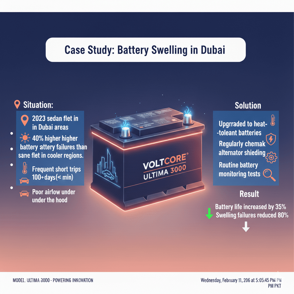 “User guide illustration showing a case study of battery swelling in Dubai, with title on top, bullet points of situation, findings, solutions, and results on sides, and an animated branded battery in the center.”