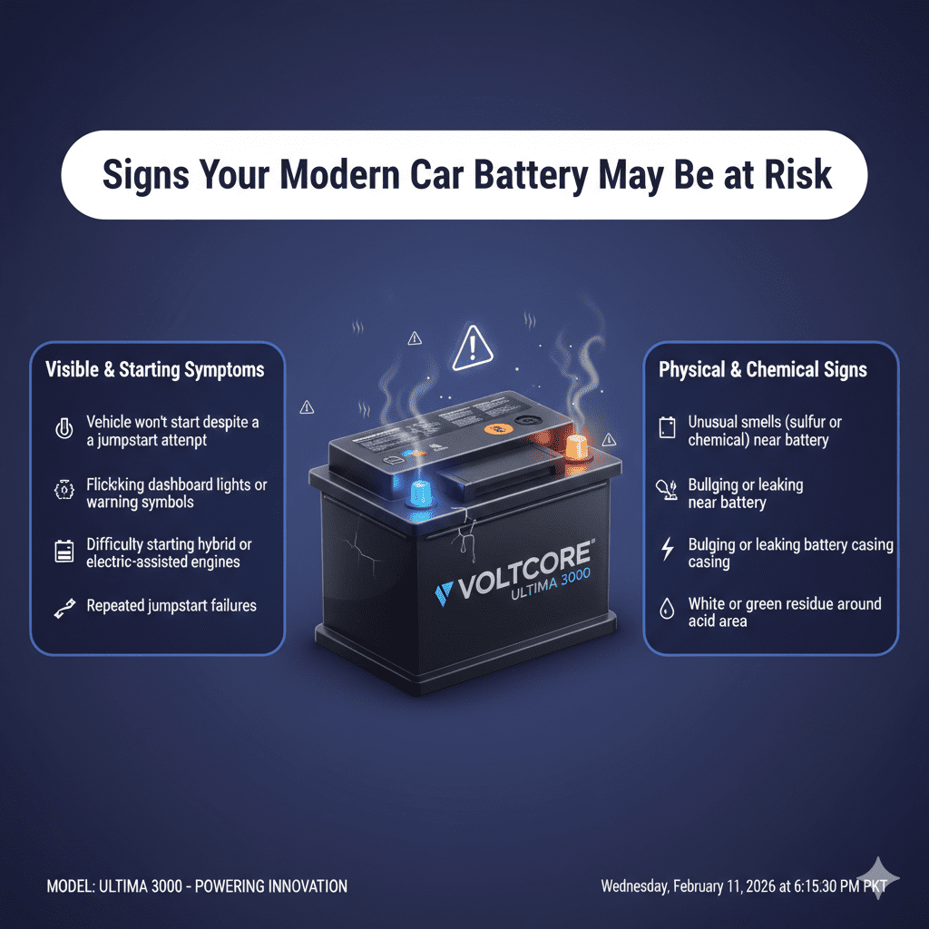 “Professional user guide illustration showing signs that a modern car battery may be at risk during jumpstart, with title at the top, key warning points on sides, and an animated branded battery in the center.”