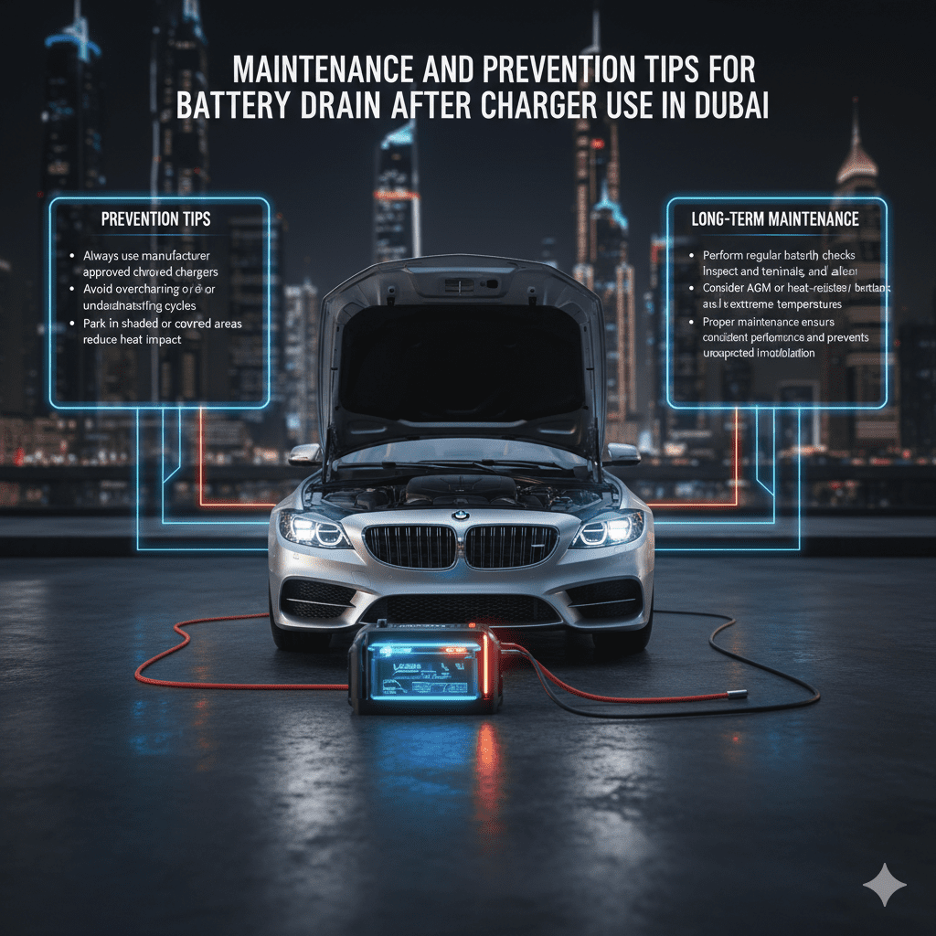"Infographic showing a luxury car with glowing battery and charger at the center, with side panels listing maintenance and prevention tips to prevent battery drain after charger use in Dubai."