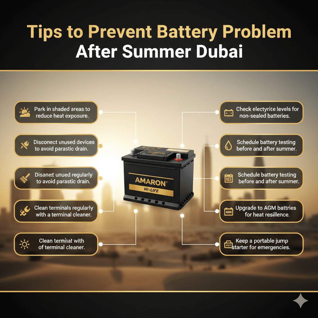 "User guide infographic showing tips to prevent battery problems after Dubai summer with branded car battery, including shaded parking, disconnecting devices, terminal cleaning, electrolyte check, battery testing, AGM battery upgrade, and portable jump starter."