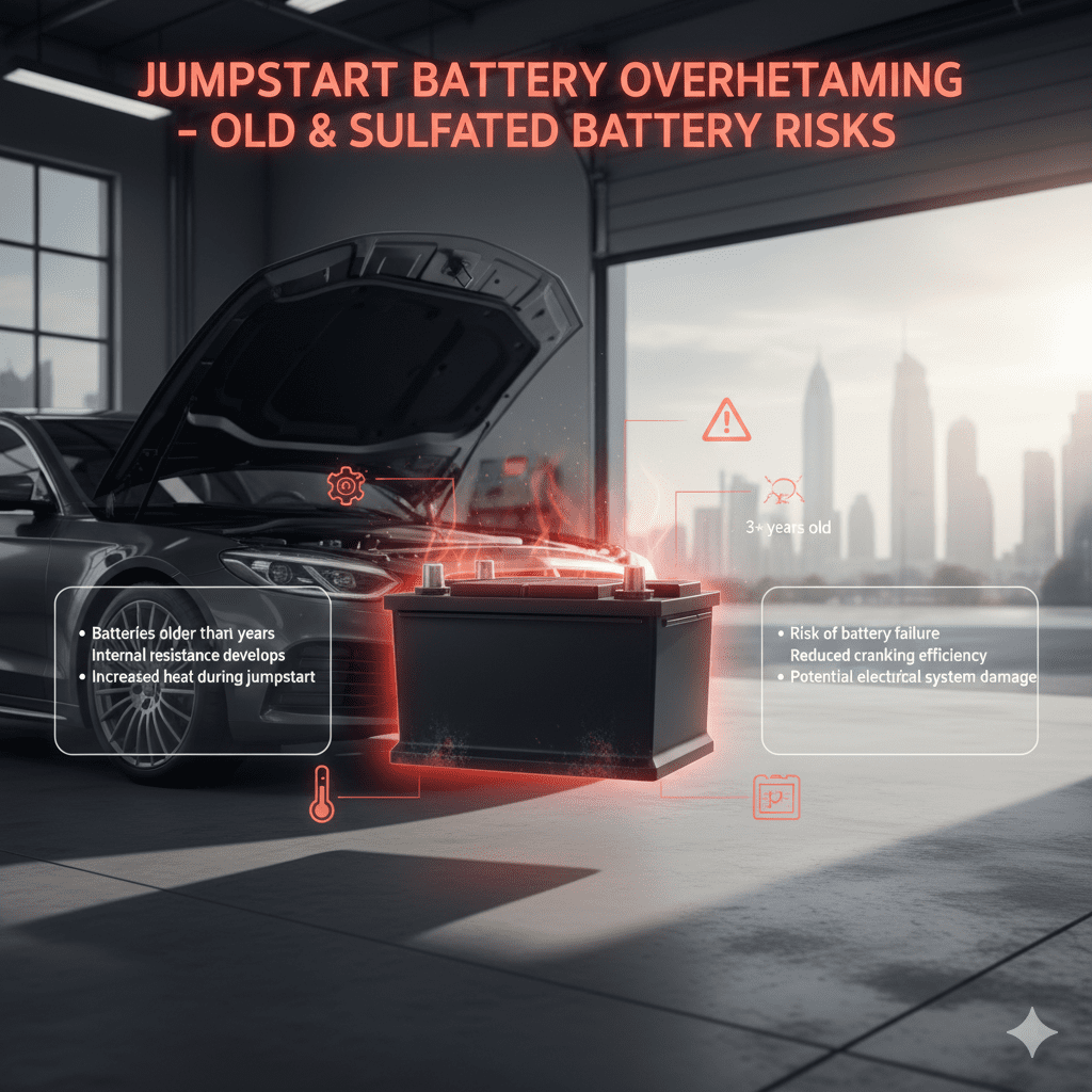 Infographic showing jumpstart battery overheating due to old or sulfated battery, internal resistance, and heat buildup during start.