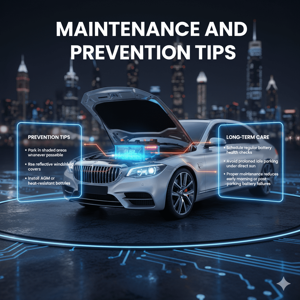 "Infographic showing a luxury car with a glowing battery at the center and side panels listing maintenance and prevention tips for heat-related battery failures."