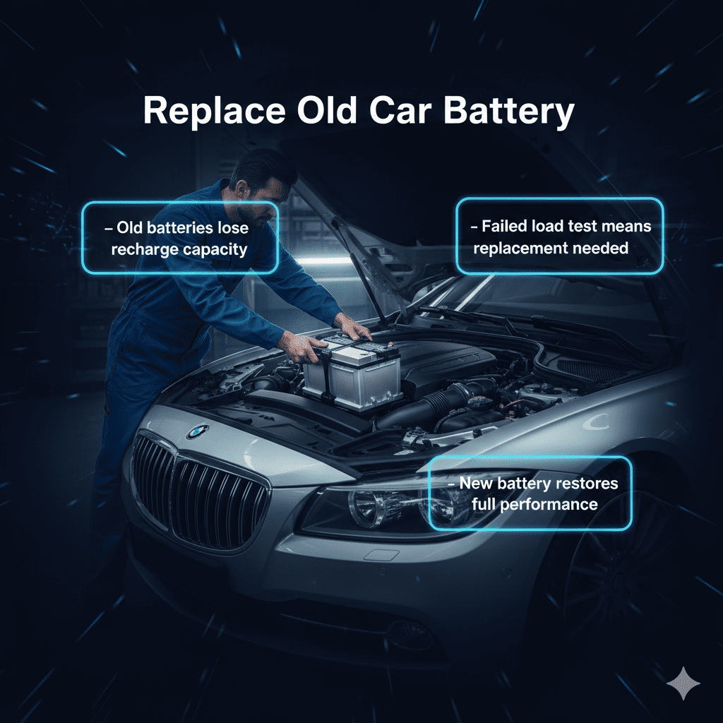 Car battery replacement infographic showing technician installing a new battery