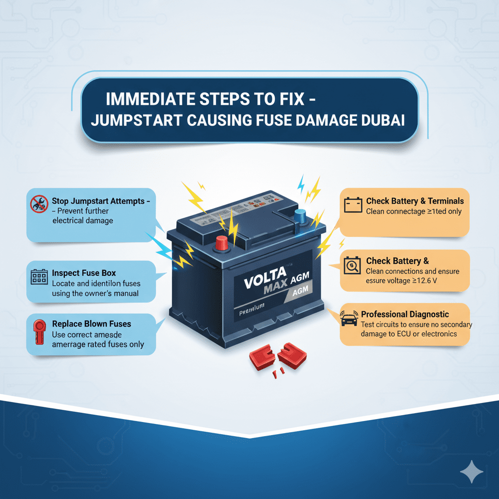“Animated user guide infographic showing a central premium car battery with glowing sparks, dynamic title at top, and key immediate steps on sides including stopping jumpstart attempts, inspecting fuse box, replacing fuses, checking battery and terminals, and professional diagnostics.”